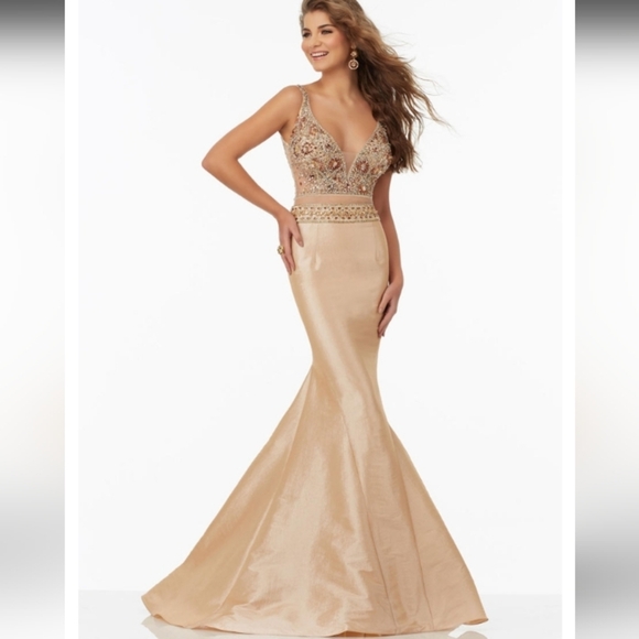 Moralee Champagne Prom dress, Mermaid,  bussle train - Picture 1 of 10